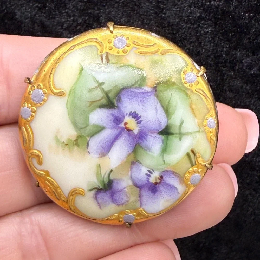 Vintage Victorian Hand Painted Porcelain Brooch Gold Purple Violets